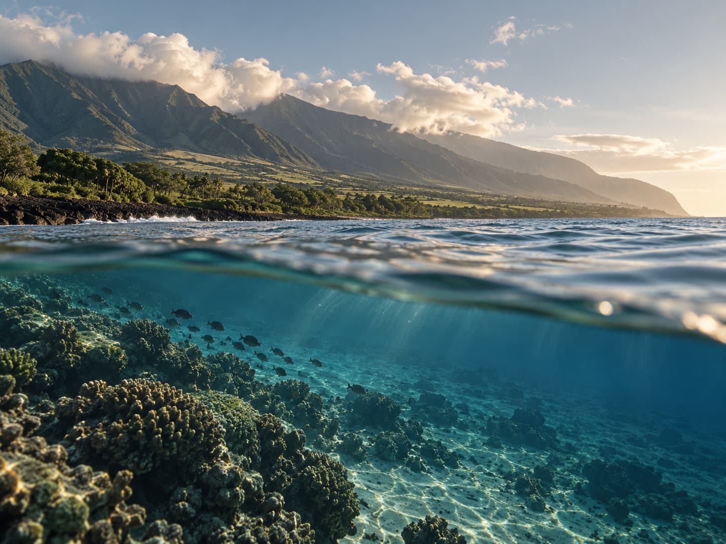 Conceptual view connecting a Hawaiʻi mountain watershed, shoreline, coral reef, and ocean.