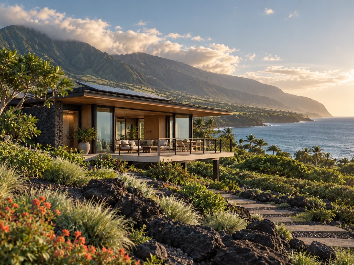 Conceptual regenerative-development home in a Hawaiʻi coastal landscape.